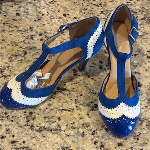 Chase + Chloe Royal Blue and White T-Strap Heels